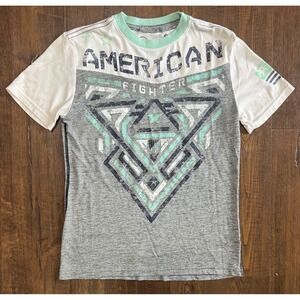 American Fighter Kids Graphic T Shirt Size M Gray White Mint Green Athletic